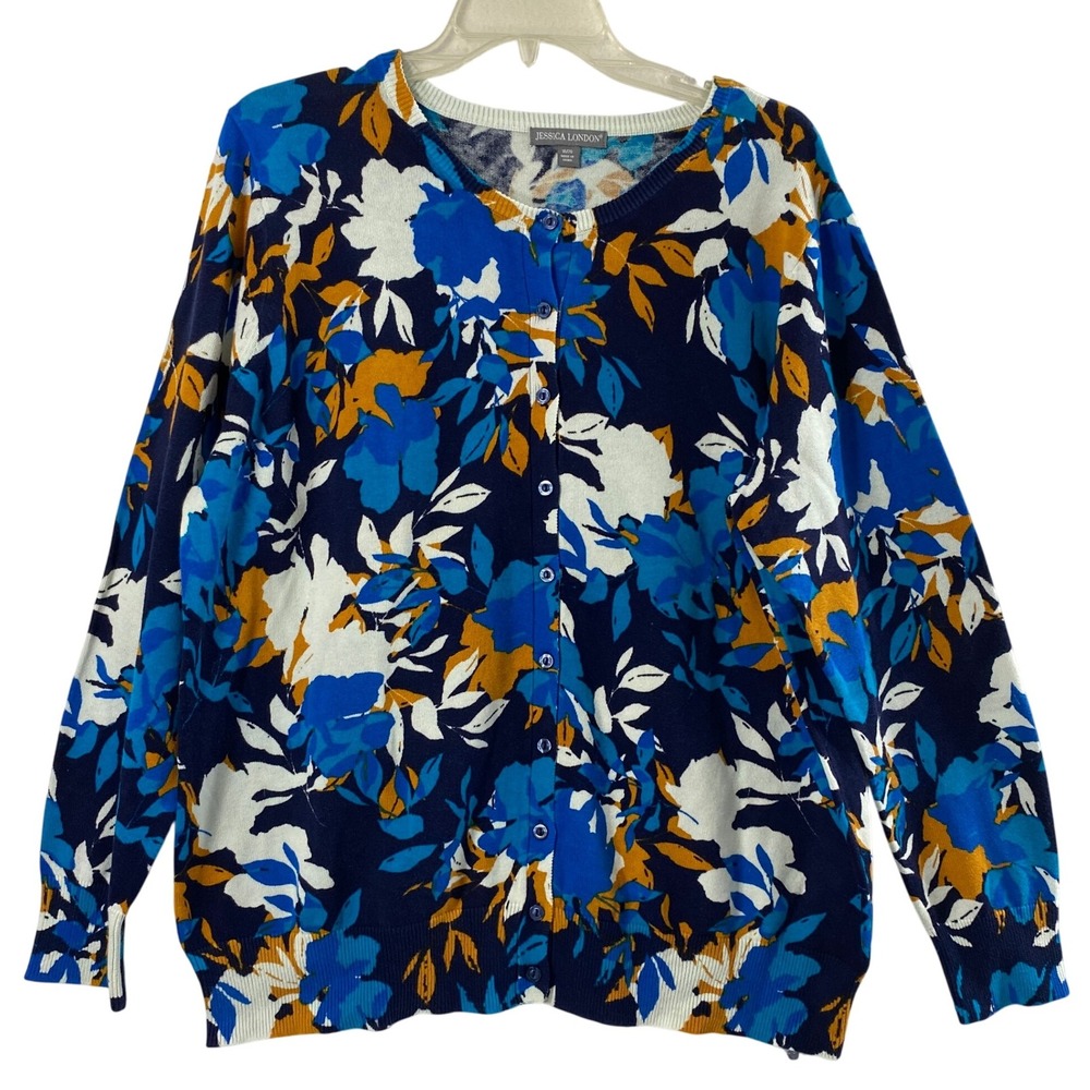 Jessica London Cardigan Womens 18 / 20 Blue Brown Floral Button Up Sweater Layer